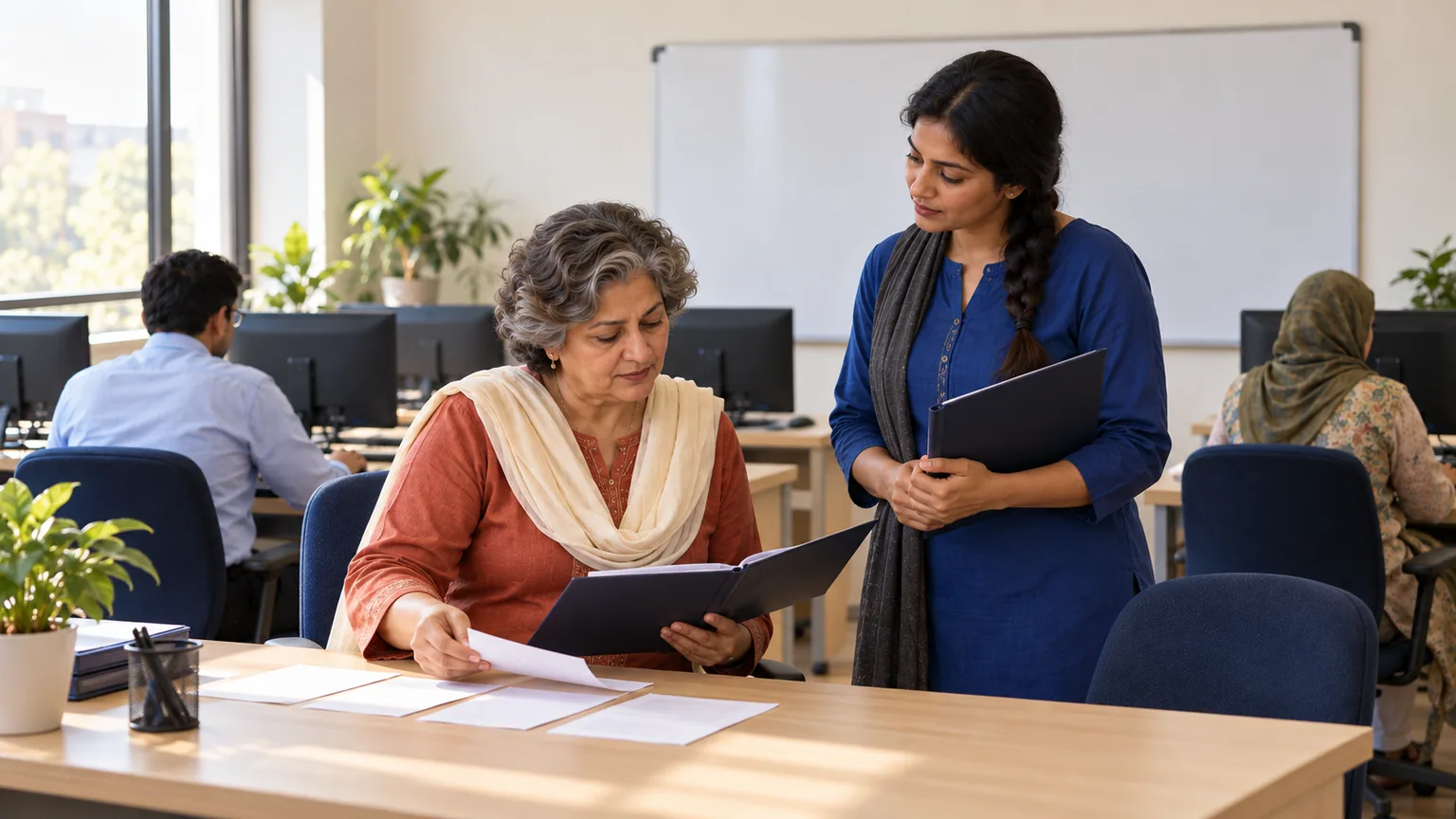 AI-generated illustration of an adult training instructor comparing manual enrollment folders while an adult learner waits beside a classroom workstation.