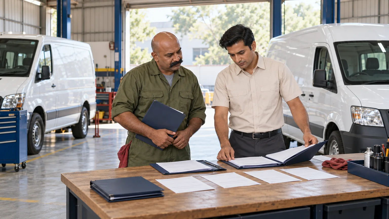 AI-generated illustration of a workshop service adviser comparing separate paper job folders while a mechanic waits beside parked fleet vans.