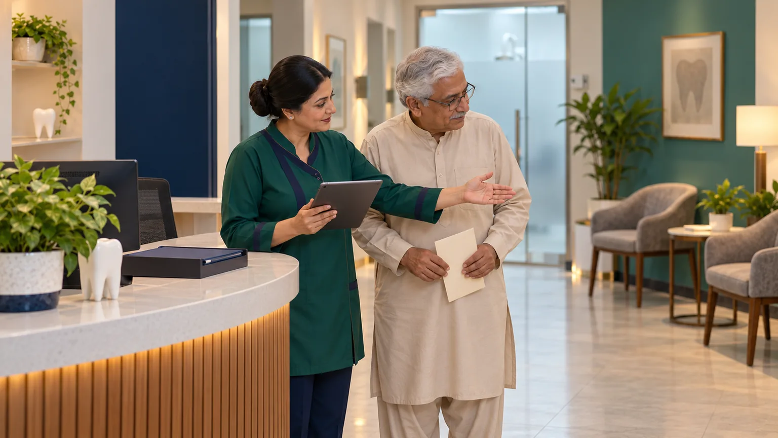 AI-generated illustration of a dental receptionist coordinating an appointment with an older adult visitor in an organized reception.