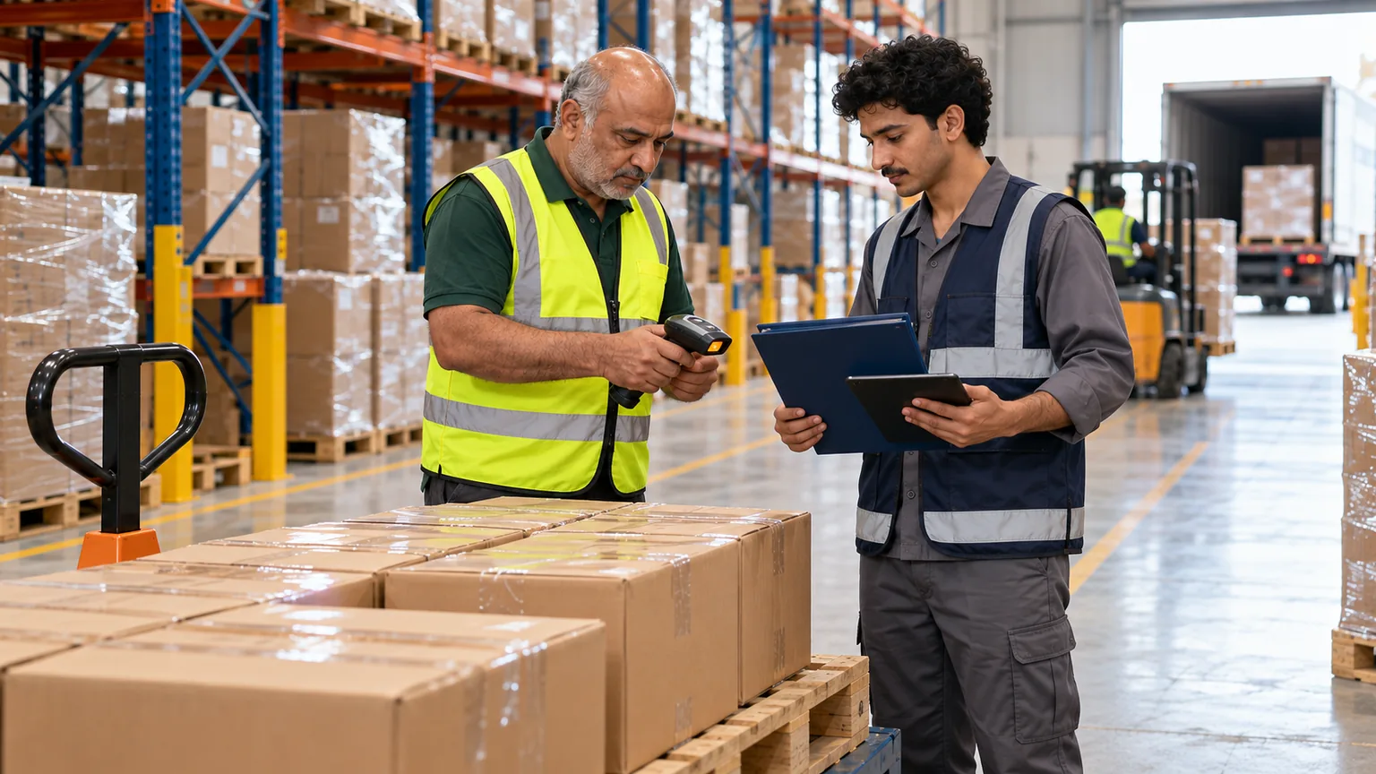 AI-generated illustration of distribution staff coordinating a prepared pallet with scanner and dispatch folder.