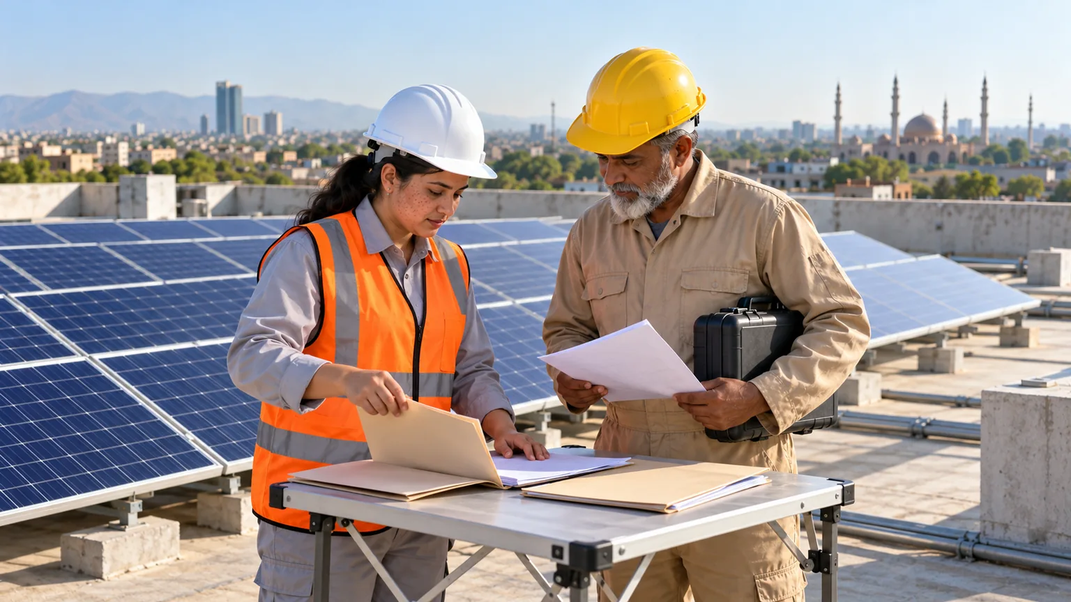AI-generated illustration of the solar engineer and colleague comparing separate paper job folders beside completed rooftop panels.