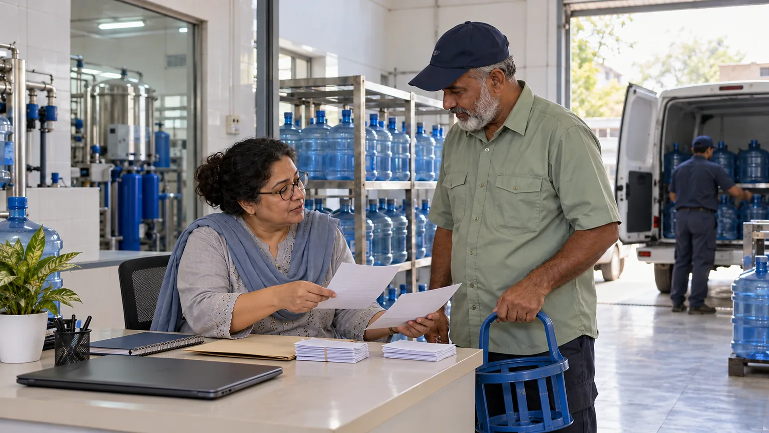 AI-generated illustration of a water depot dispatcher comparing separate paper route slips.